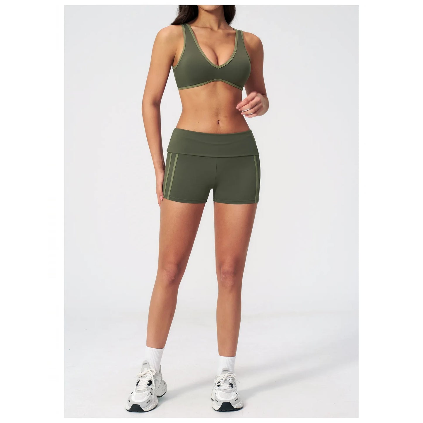 Contrast Foldover Waist Cheer Athletic Shorts - moss green light green full front