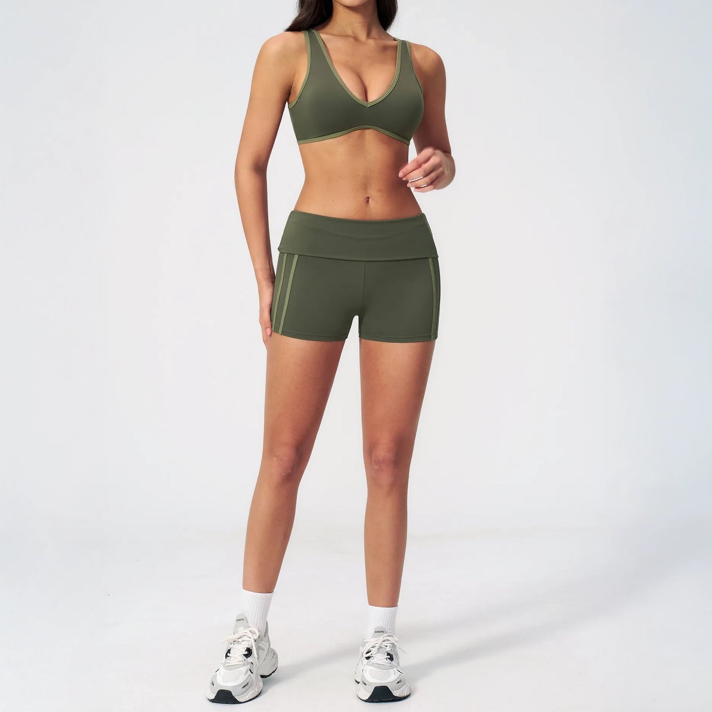 Contrast Foldover Waist Cheer Athletic Shorts - Moss Green / Light Green - moss green light green full styling