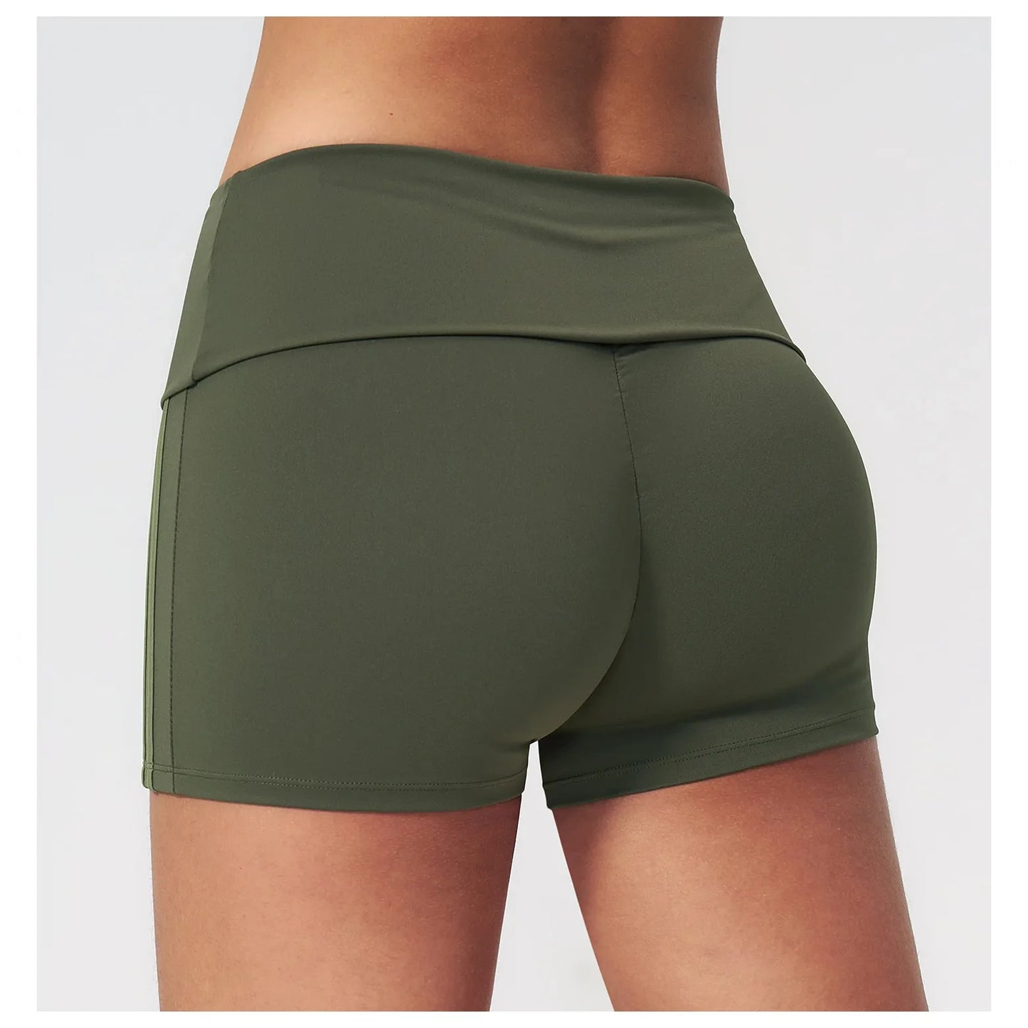 Contrast Foldover Waist Cheer Athletic Shorts - moss green light green scrunch back detail