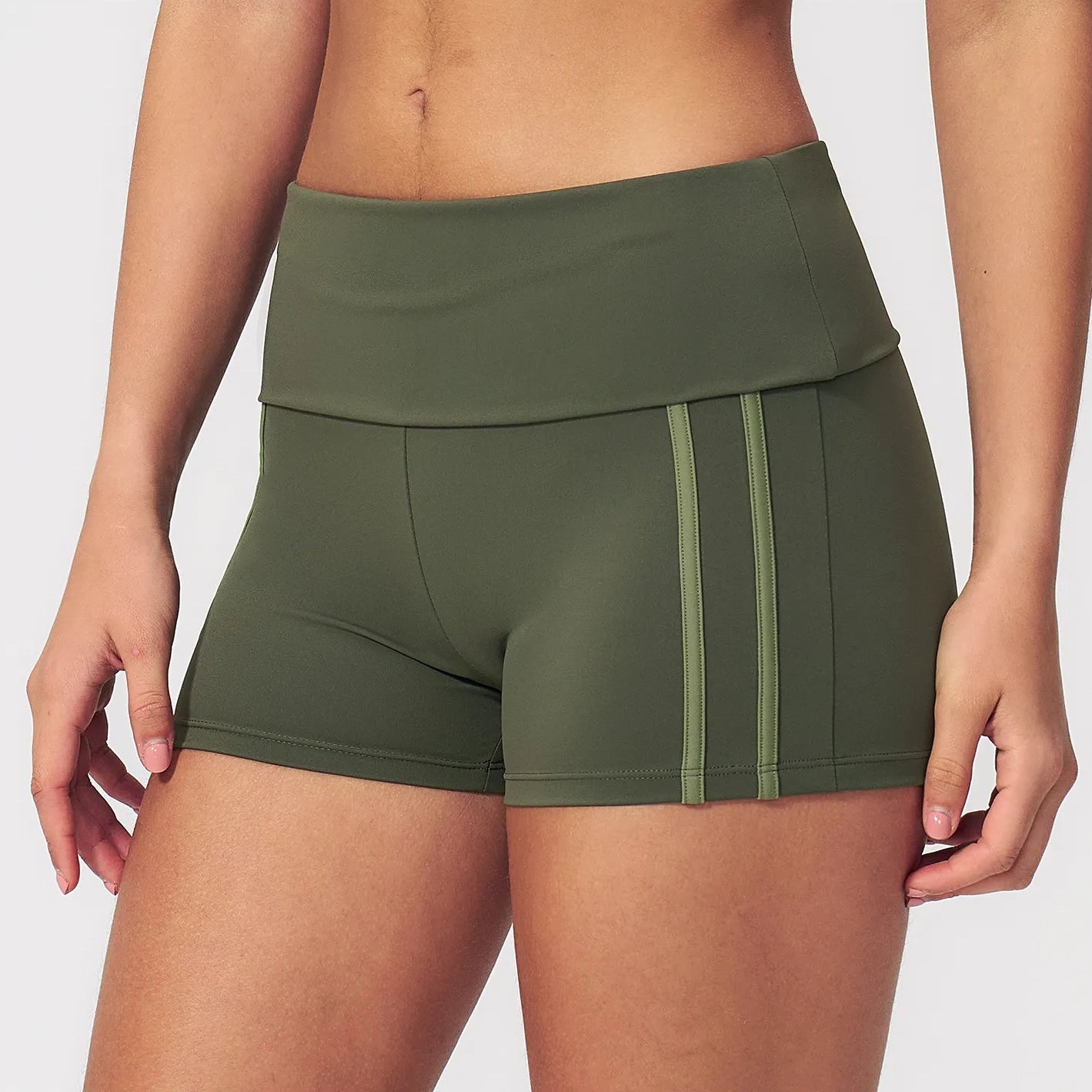 Contrast Foldover Waist Cheer Athletic Shorts - Moss Green / Light Green - moss green light green side tape view