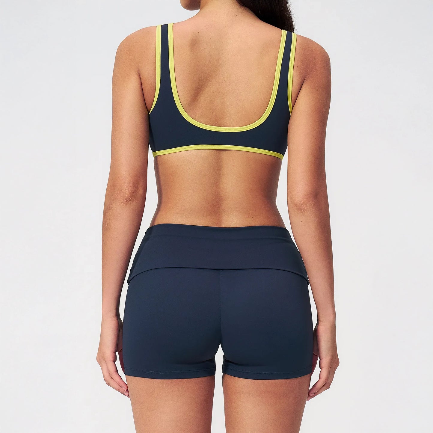 Contrast Foldover Waist Cheer Athletic Shorts - Navy Blue / Neon Yellow - navy blue neon yellow back styling