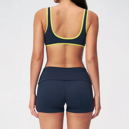 Contrast Foldover Waist Cheer Athletic Shorts - Navy Blue / Neon Yellow - navy blue neon yellow back styling