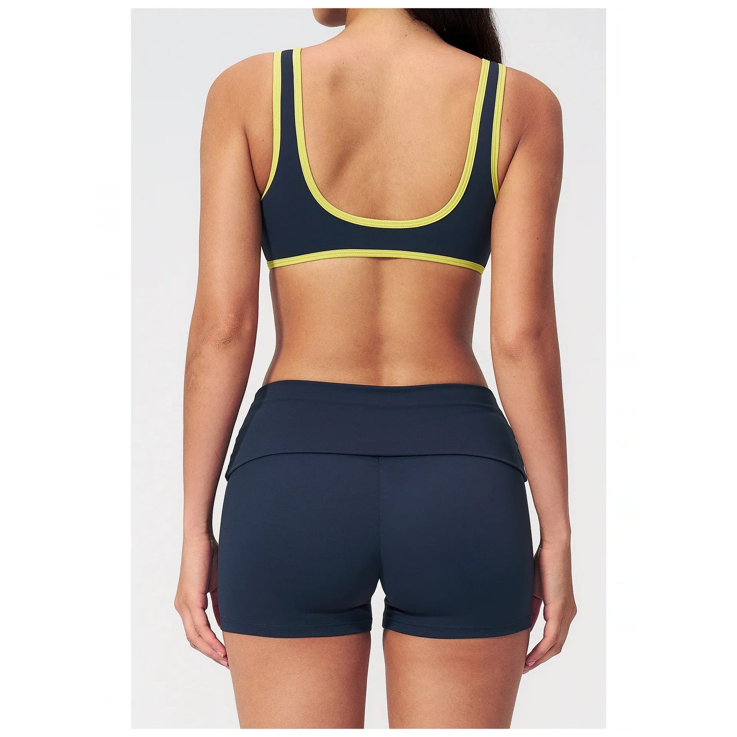 Contrast Foldover Waist Cheer Athletic Shorts - navy blue neon yellow back view