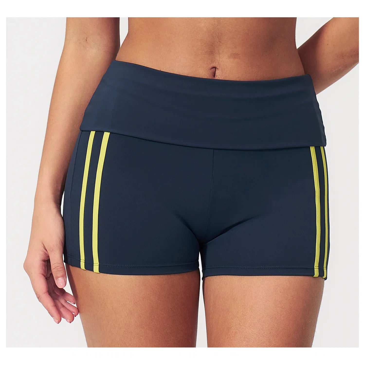 Contrast Foldover Waist Cheer Athletic Shorts - navy blue neon yellow front detail