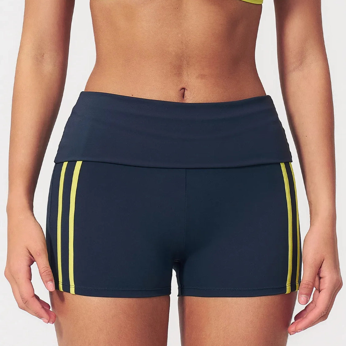 Contrast Foldover Waist Cheer Athletic Shorts - Navy Blue / Neon Yellow - navy blue neon yellow front view