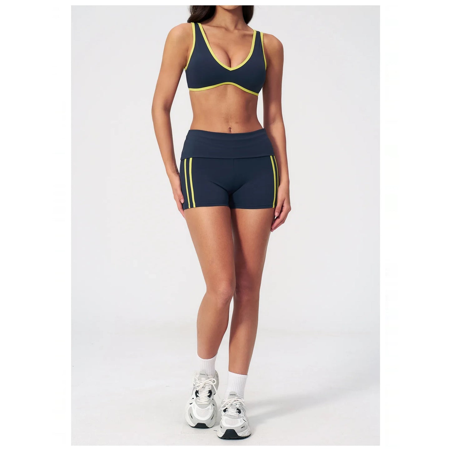 Contrast Foldover Waist Cheer Athletic Shorts - navy blue neon yellow full front