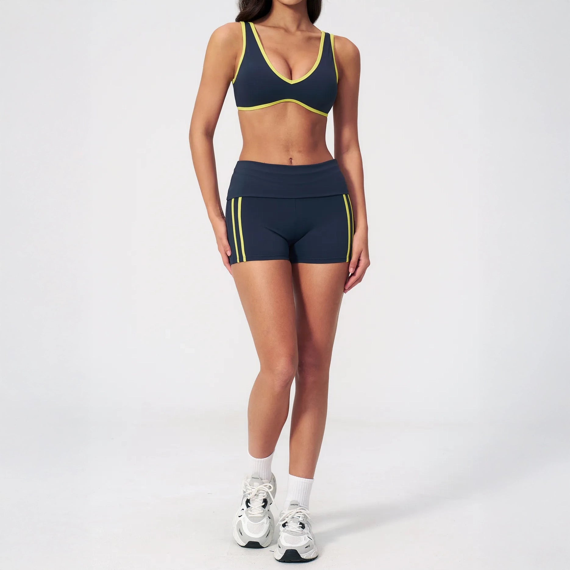 Contrast Foldover Waist Cheer Athletic Shorts - Navy Blue / Neon Yellow - navy blue neon yellow full styling
