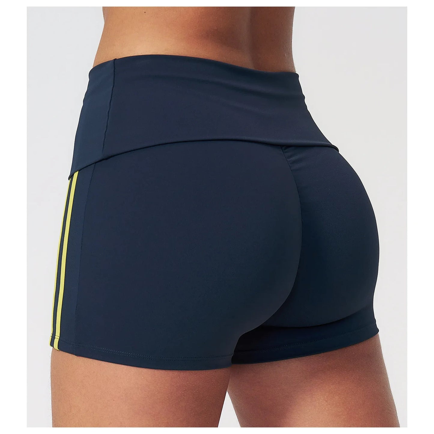Contrast Foldover Waist Cheer Athletic Shorts - navy blue neon yellow scrunch back detail