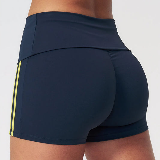 Contrast Foldover Waist Cheer Athletic Shorts - Navy Blue / Neon Yellow - navy blue neon yellow scrunch back detail