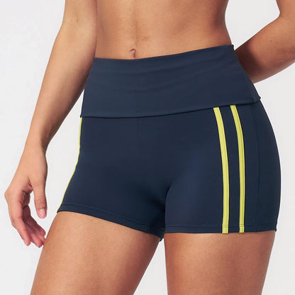 Contrast Foldover Waist Cheer Athletic Shorts - Navy Blue / Neon Yellow - navy blue neon yellow side tape view