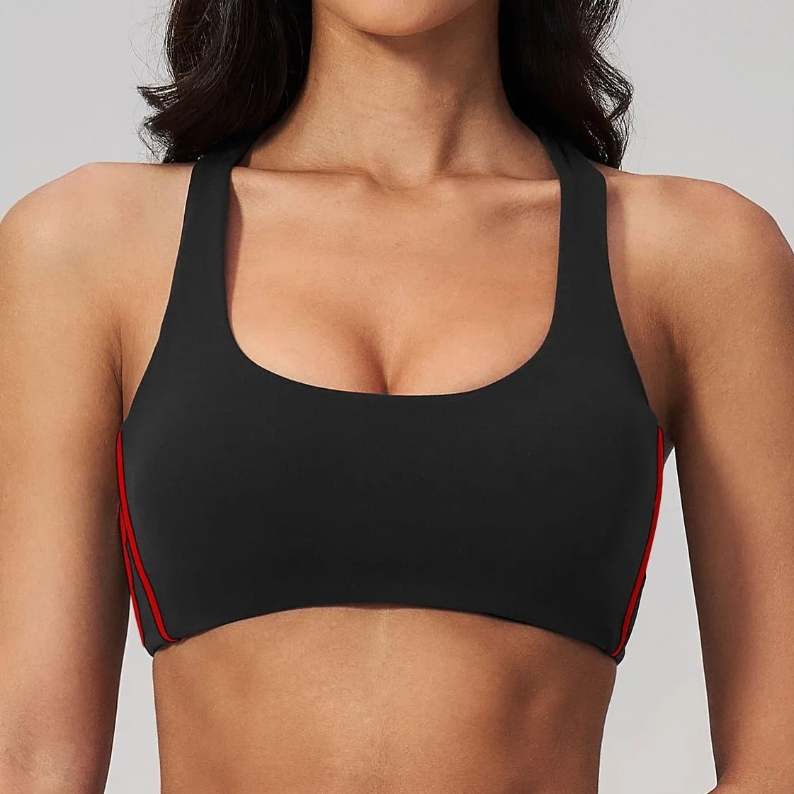 Contrast Racerback Yoga Sports Bra - Black / Red - black red front closeup