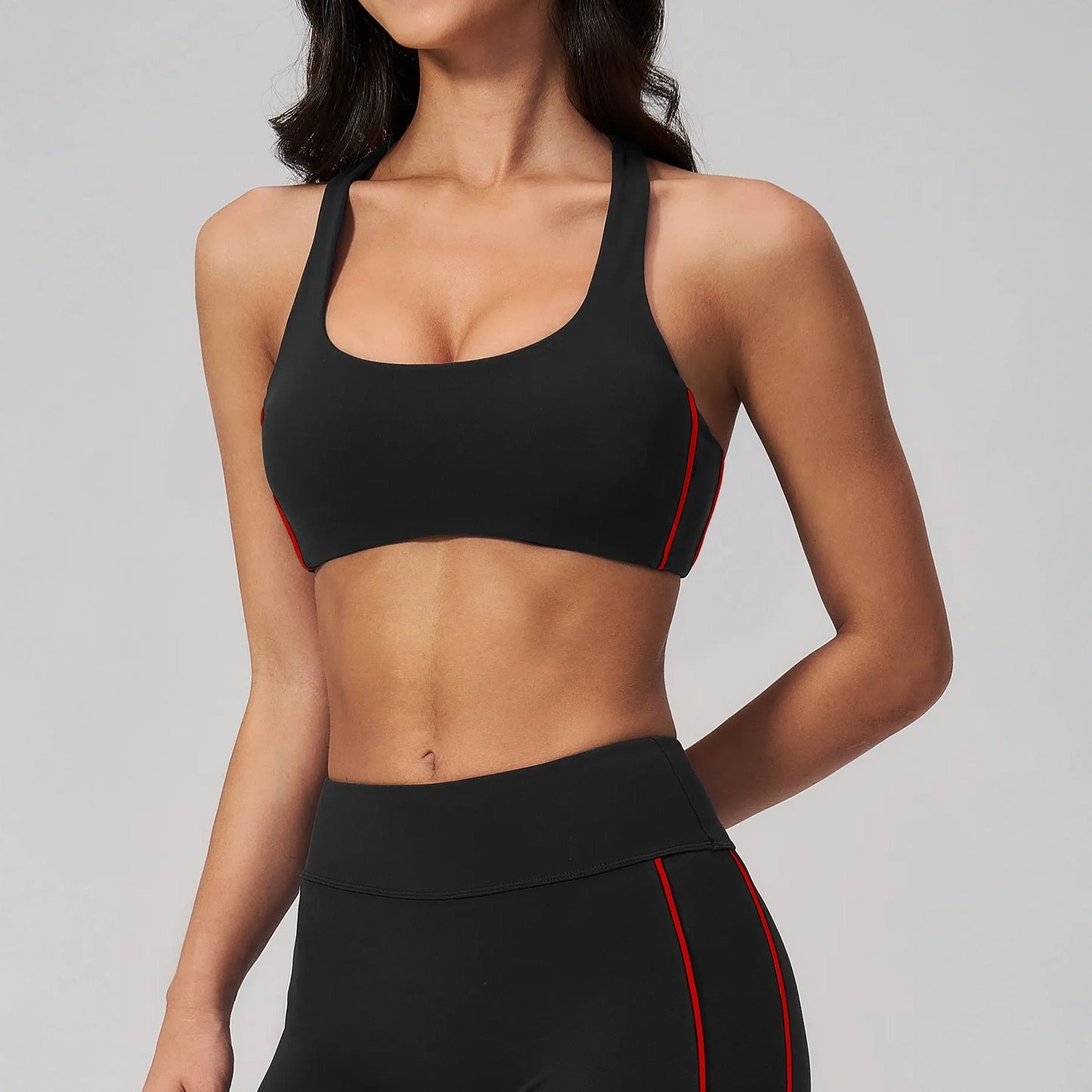 Contrast Racerback Yoga Sports Bra - Black / Red - black red front view