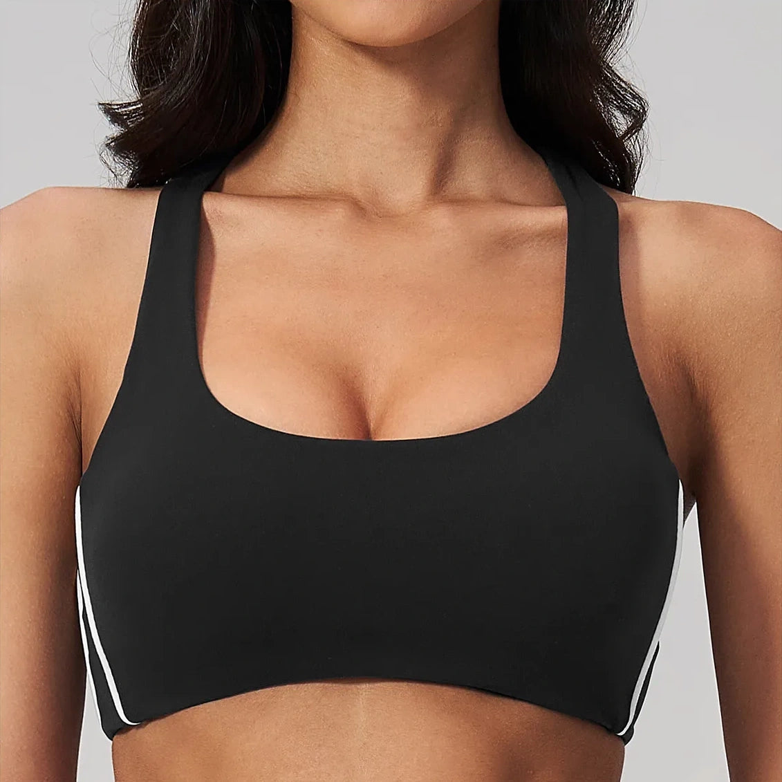 Contrast Racerback Yoga Sports Bra - Black / White - black white front closeup