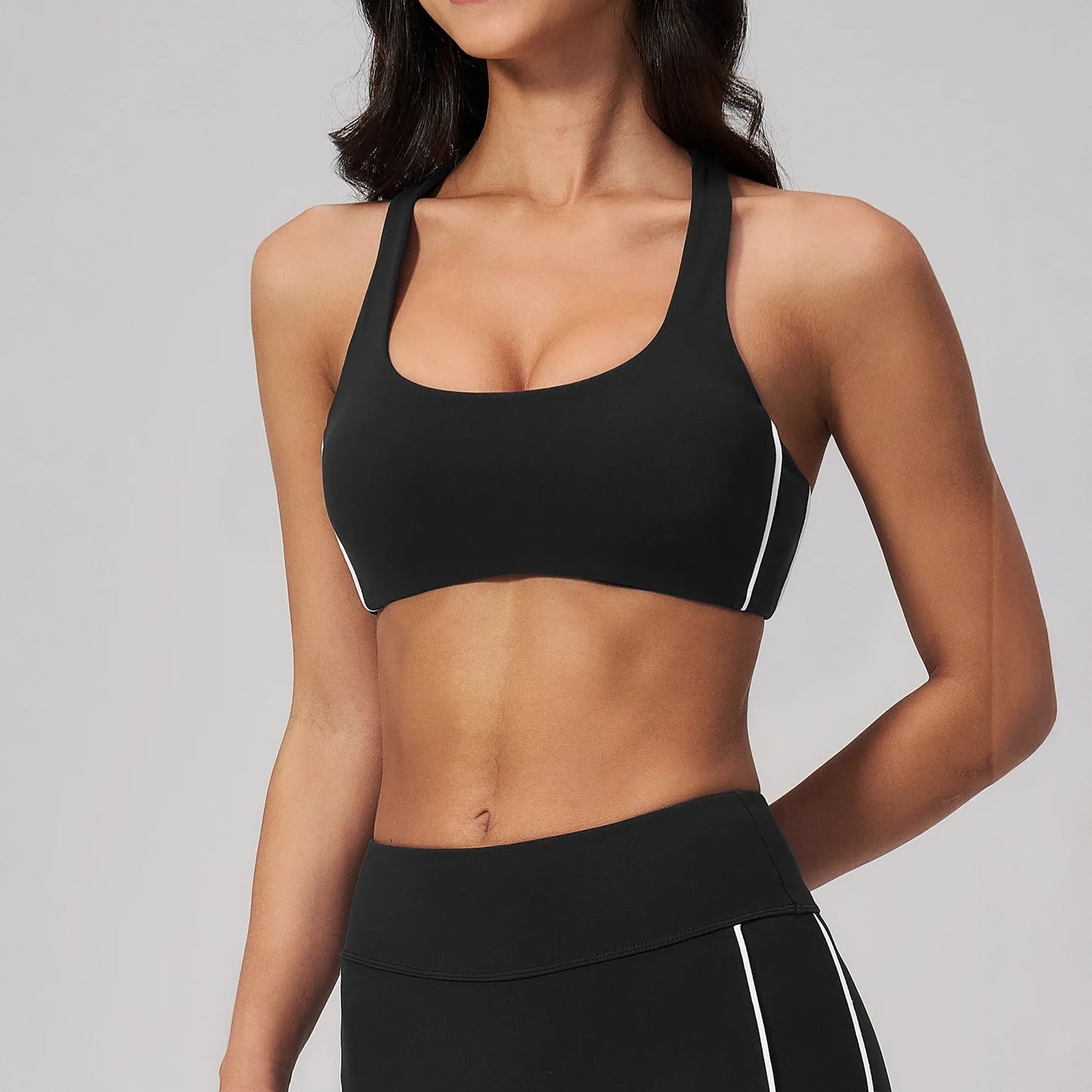 Contrast Racerback Yoga Sports Bra - Black / White - black white front view