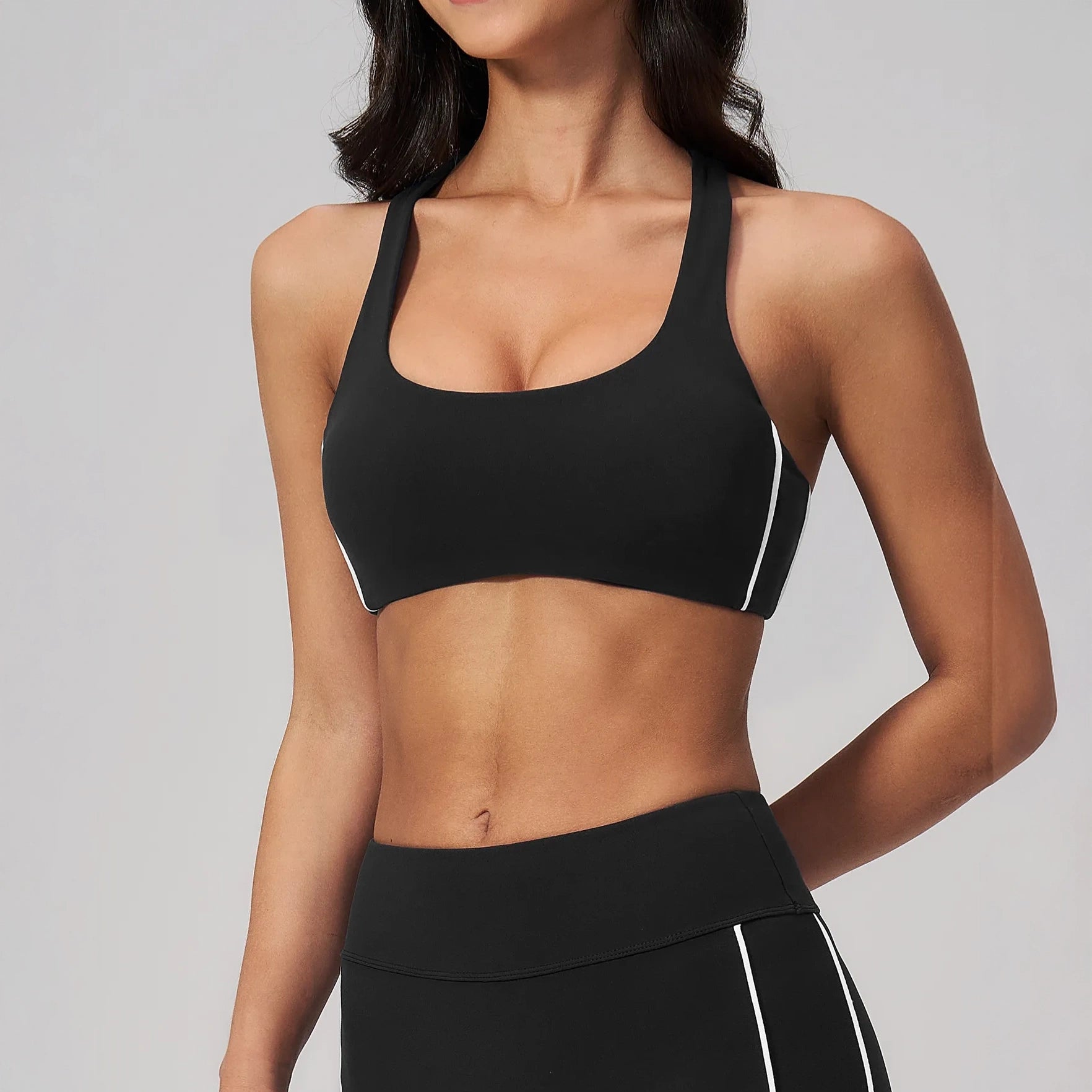 Contrast Racerback Yoga Sports Bra - Black / White - black white front view