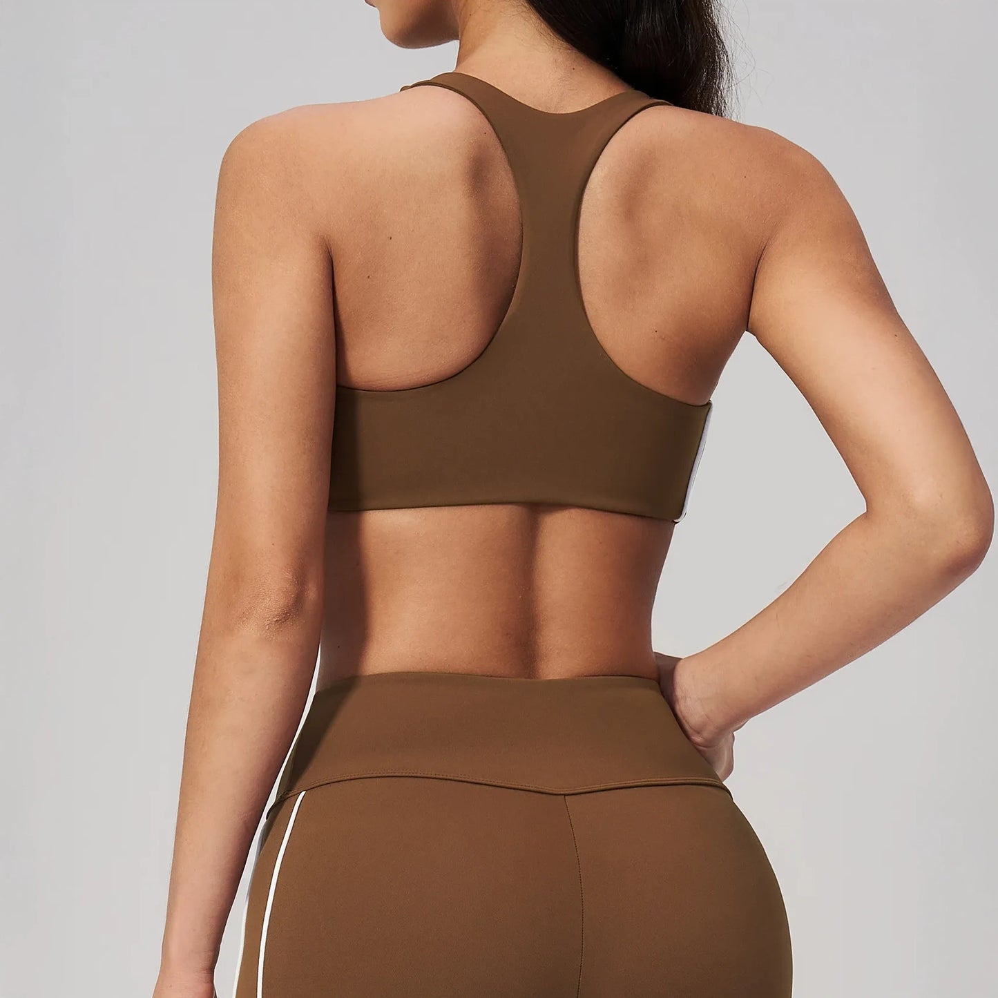 Contrast Racerback Yoga Sports Bra - Chestnut Brown / Cream - chestnut brown cream back view
