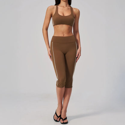 Contrast Racerback Yoga Sports Bra - Chestnut Brown / Cream - chestnut brown cream capri styling