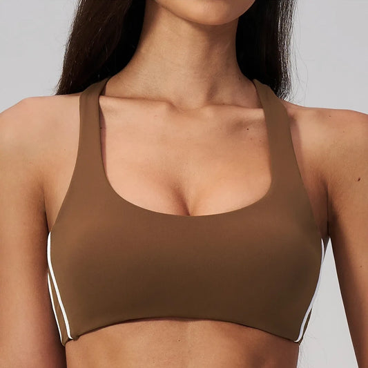 Contrast Racerback Yoga Sports Bra - Chestnut Brown / Cream - chestnut brown cream front closeup