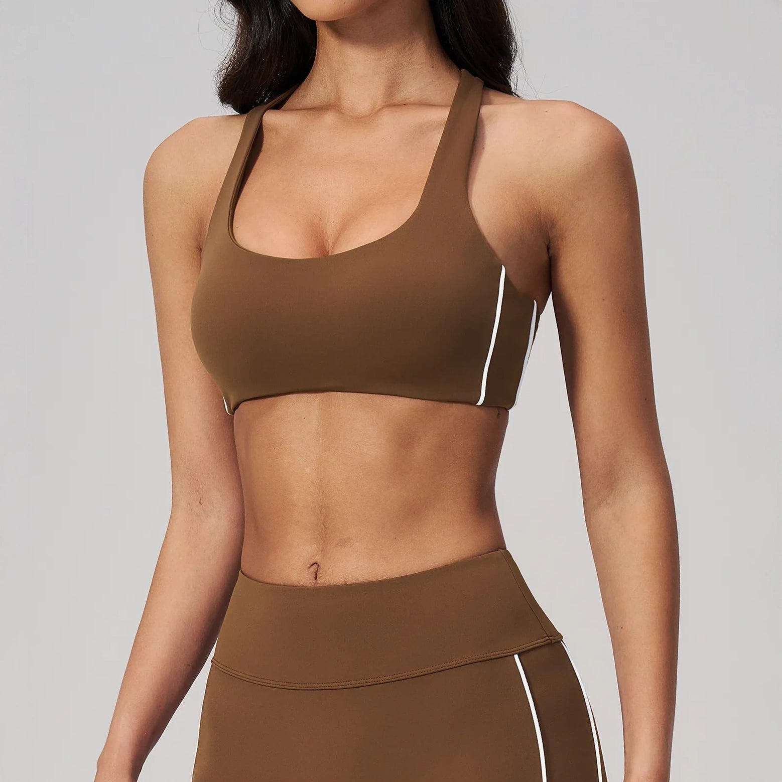 Contrast Racerback Yoga Sports Bra - Chestnut Brown / Cream - chestnut brown cream front view