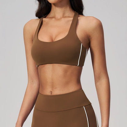 Contrast Racerback Yoga Sports Bra - Chestnut Brown / Cream - chestnut brown cream front view