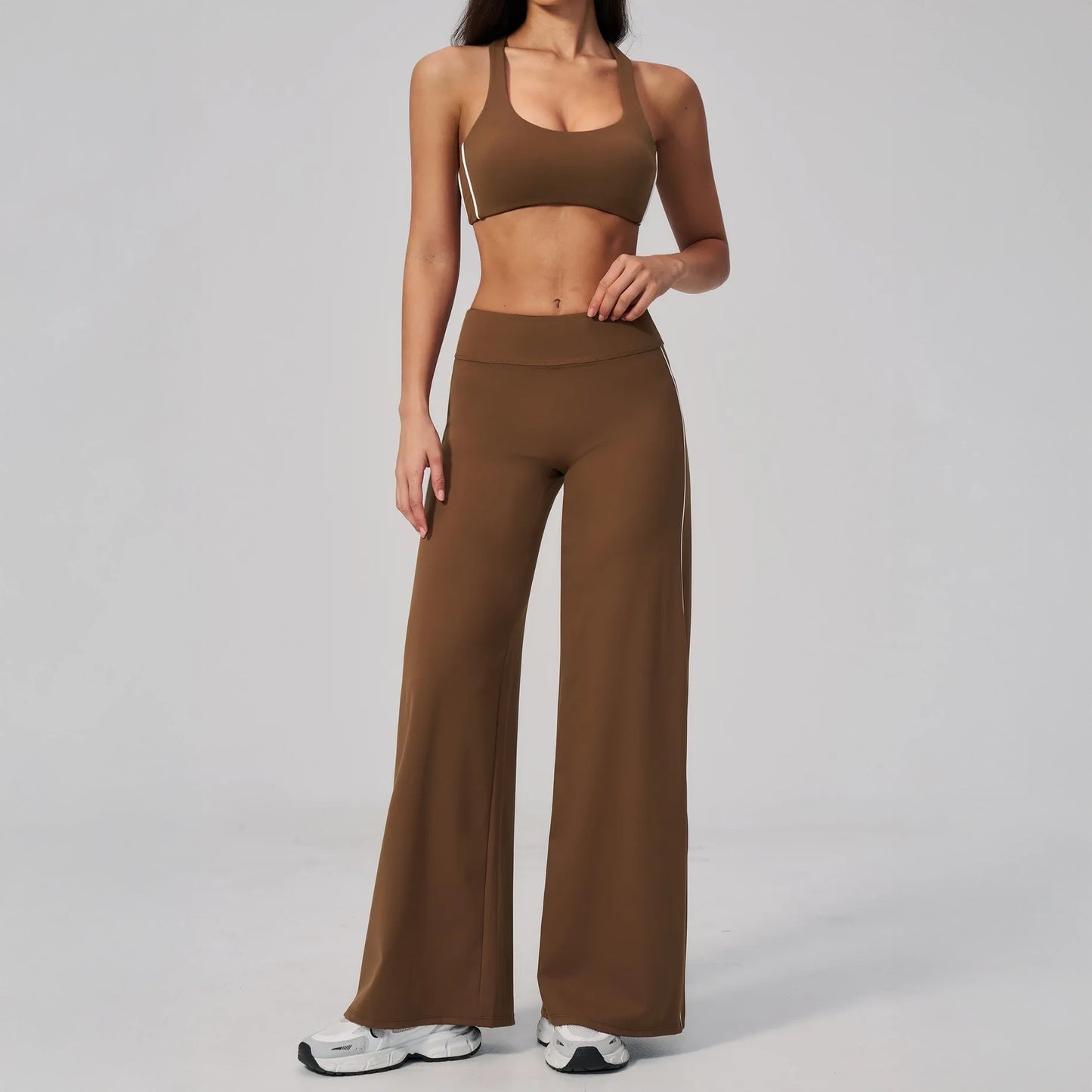 Contrast Racerback Yoga Sports Bra - Chestnut Brown / Cream - chestnut brown cream full styling