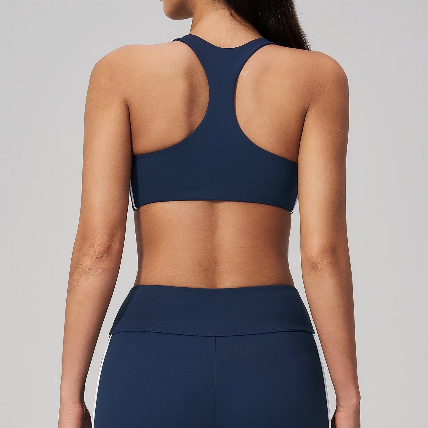 Contrast Racerback Yoga Sports Bra - Navy Blue / White - navy blue white back view