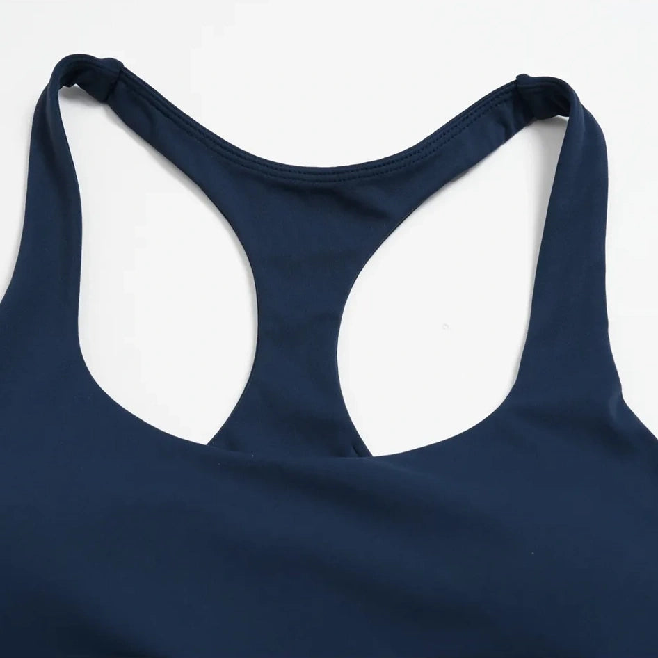 Contrast Racerback Yoga Sports Bra - Navy Blue / White - navy blue white flat front view