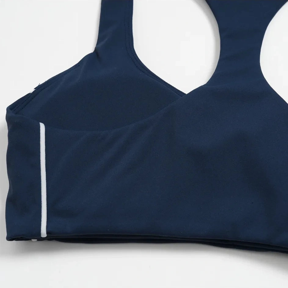 Contrast Racerback Yoga Sports Bra - Navy Blue / White - navy blue white flat side view