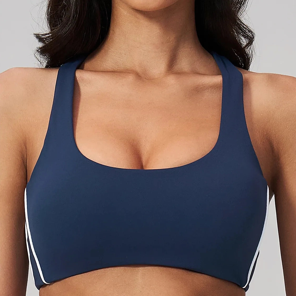 Contrast Racerback Yoga Sports Bra - Navy Blue / White - navy blue white front closeup