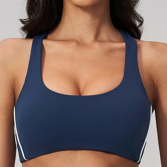Contrast Racerback Yoga Sports Bra - Navy Blue / White - navy blue white front closeup