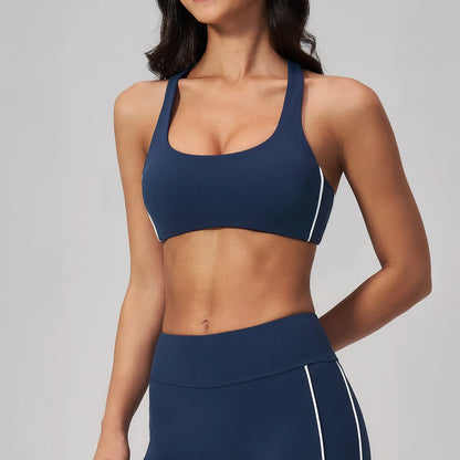 Contrast Racerback Yoga Sports Bra - Navy Blue / White - navy blue white front view