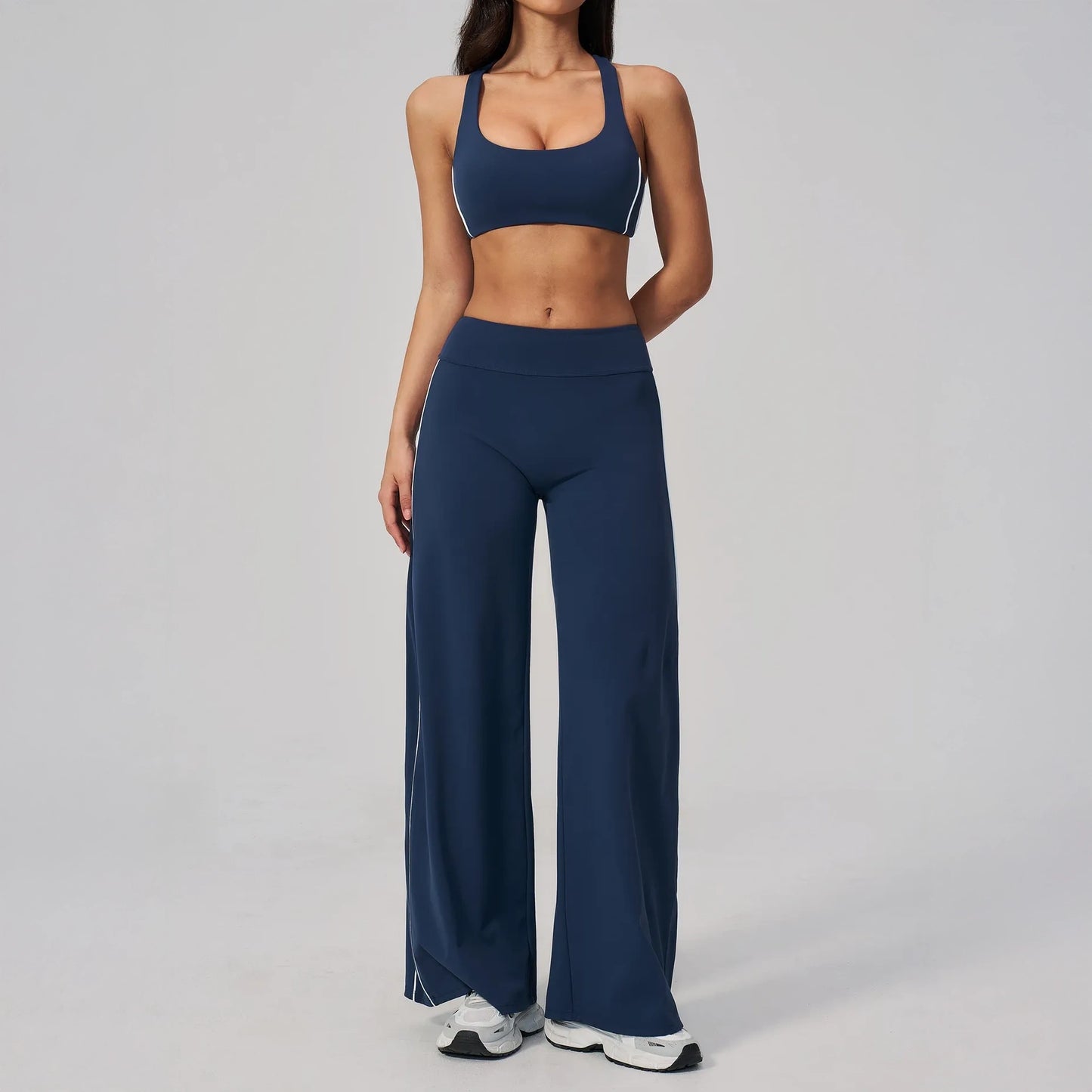 Contrast Racerback Yoga Sports Bra - Navy Blue / White - navy blue white full styling