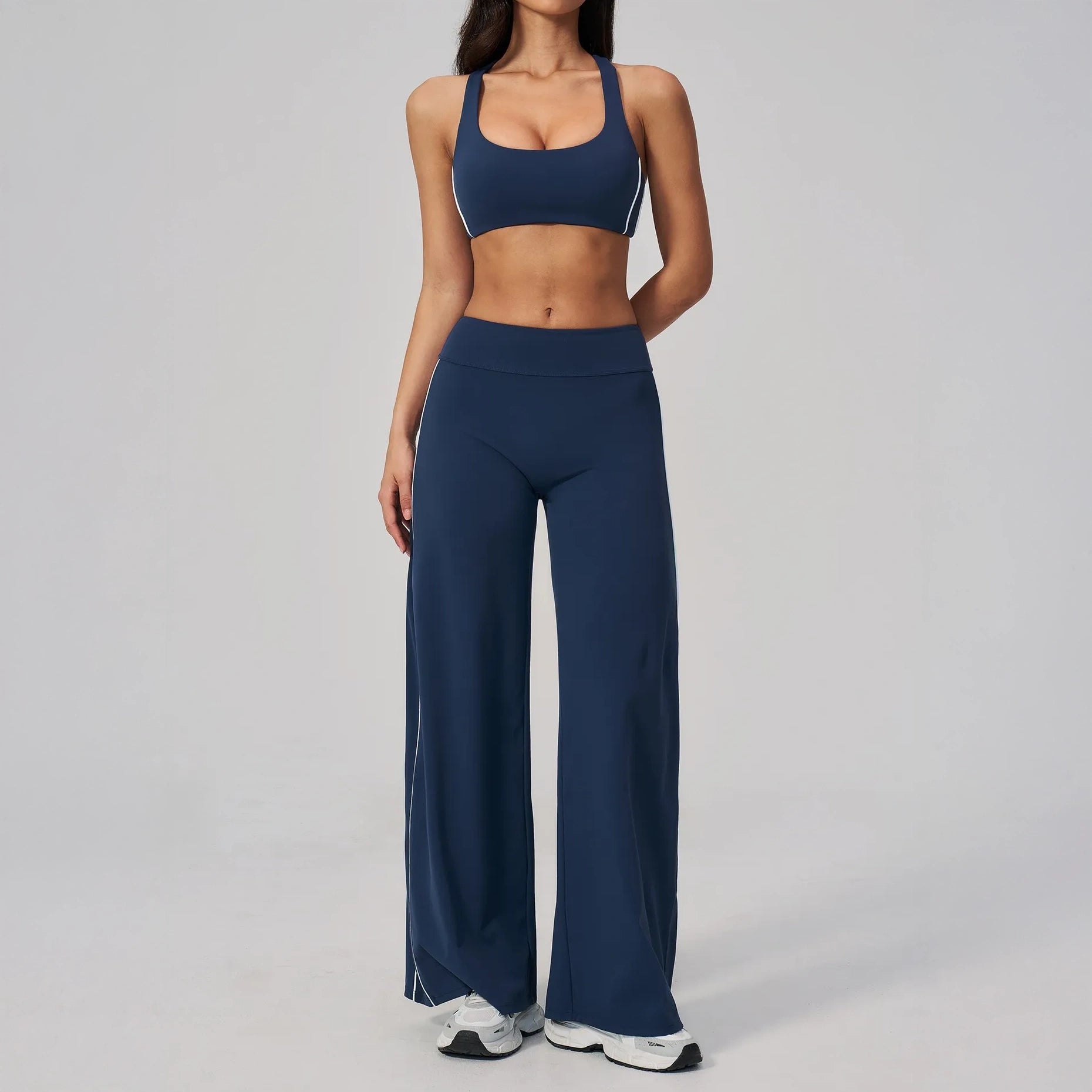 Contrast Racerback Yoga Sports Bra - Navy Blue / White - navy blue white full styling