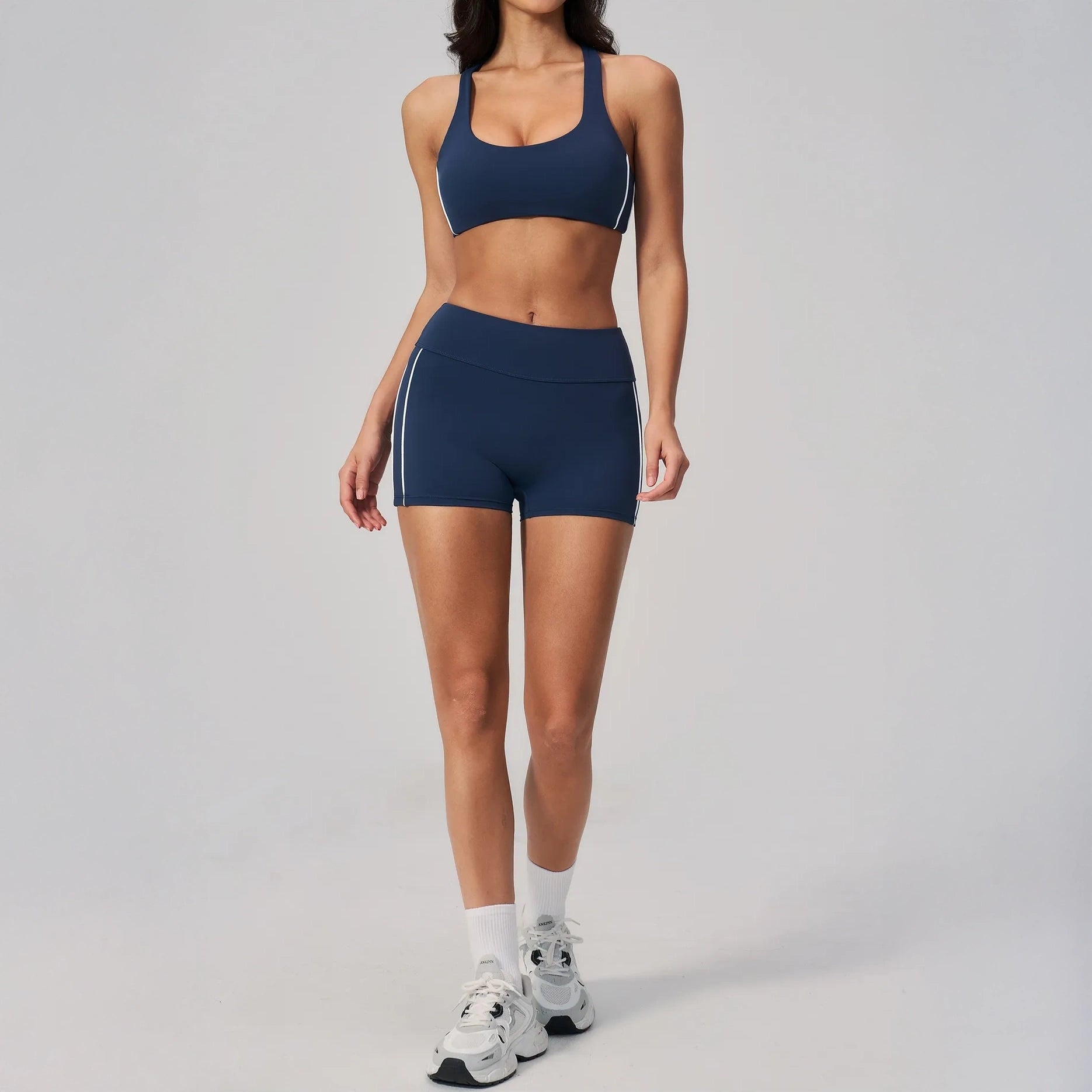 Contrast Racerback Yoga Sports Bra - Navy Blue / White - navy blue white shorts styling