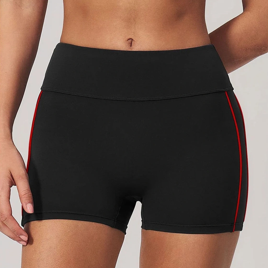 Contrast Sculpting Yoga Shorts - Black / Red - black red front closeup