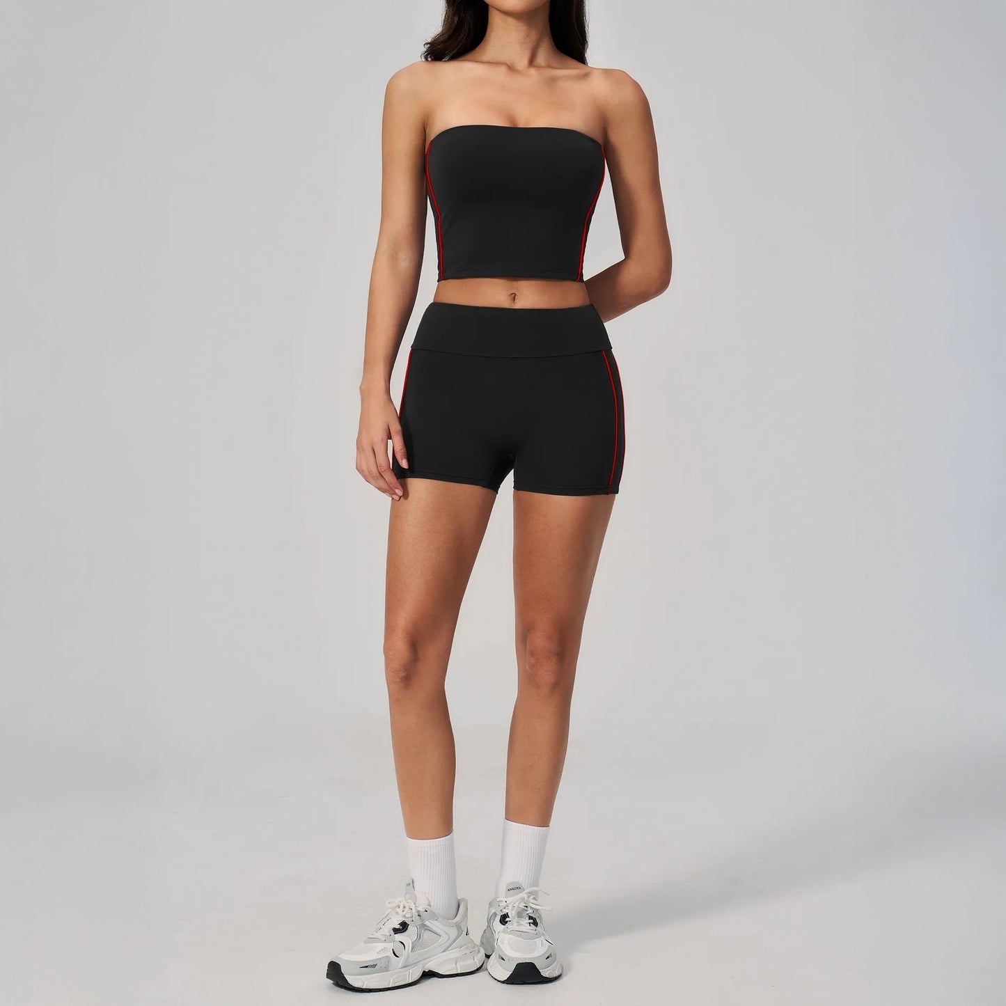 Contrast Sculpting Yoga Shorts - Black / Red - black red full styling