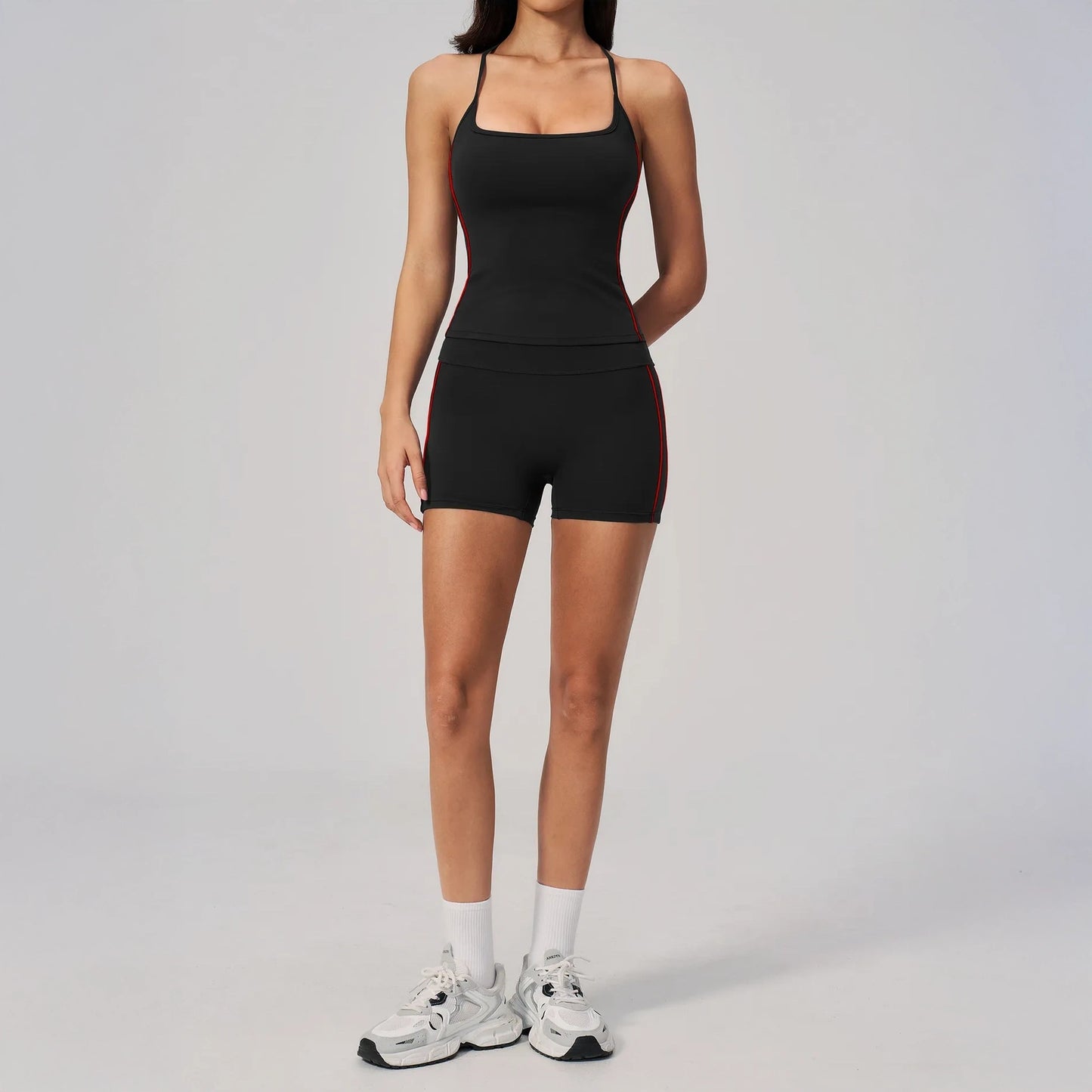 Contrast Sculpting Yoga Shorts - Black / Red - black red set styling