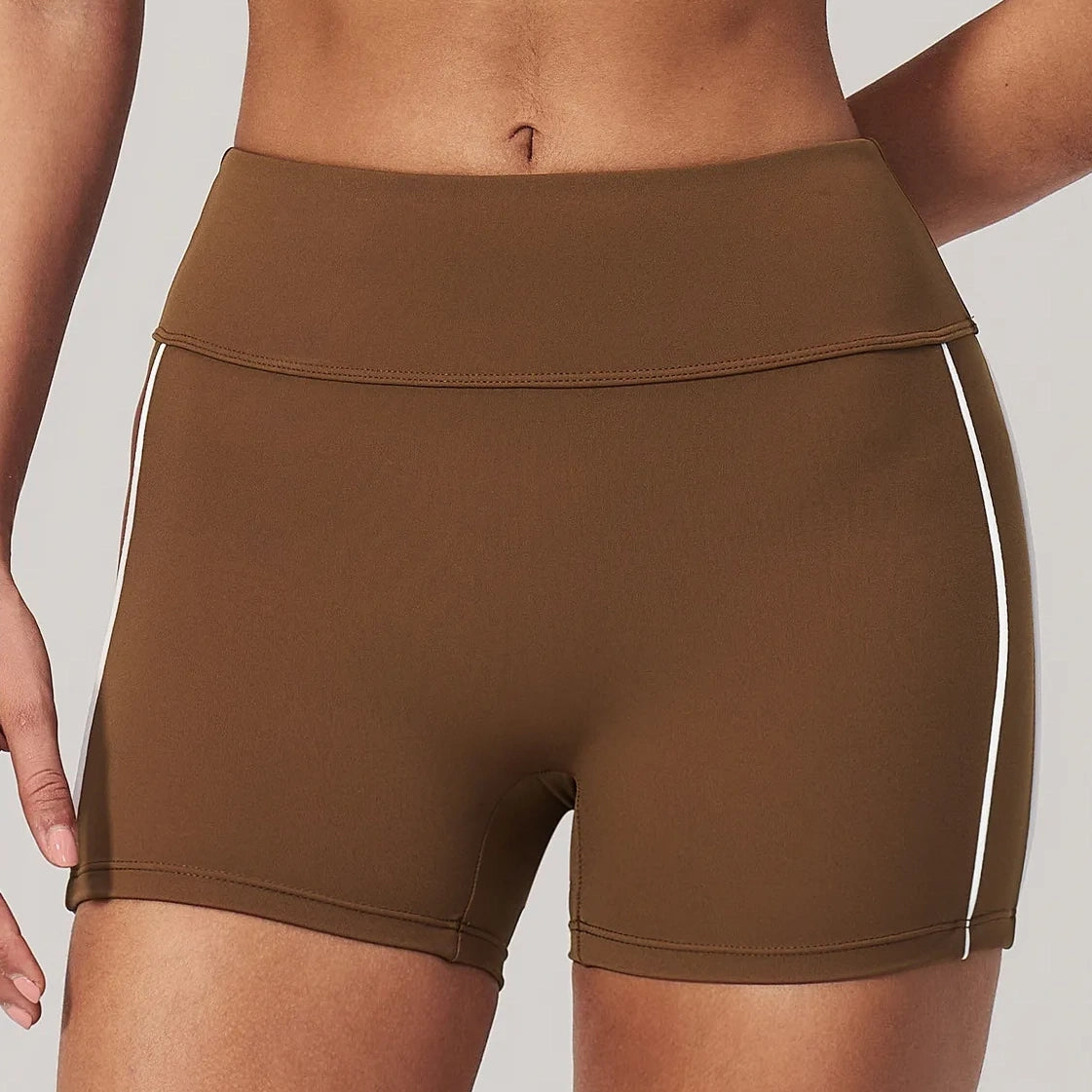 Contrast Sculpting Yoga Shorts - Chestnut Brown / Cream - chestnut brown cream front closeup
