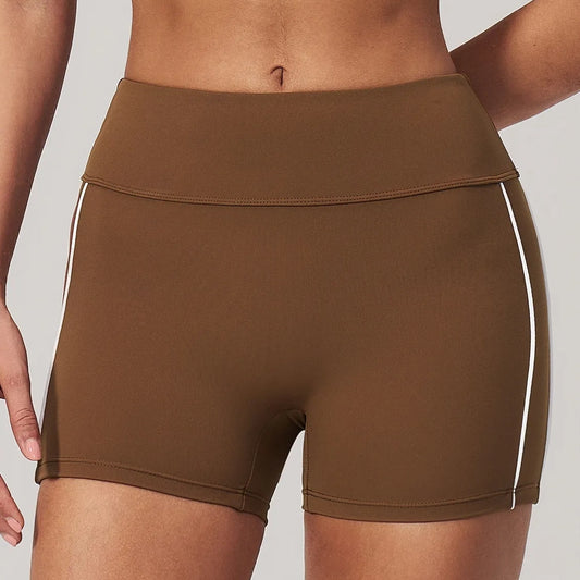 Contrast Sculpting Yoga Shorts - Chestnut Brown / Cream - chestnut brown cream front closeup