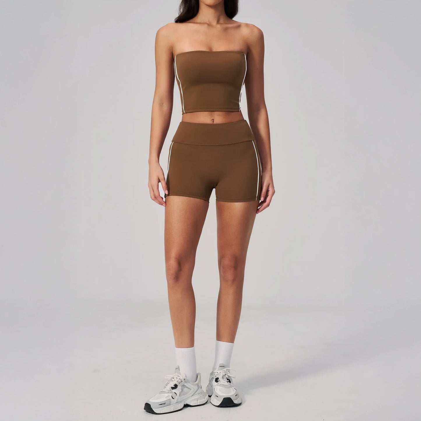 Contrast Sculpting Yoga Shorts - Chestnut Brown / Cream - chestnut brown cream full styling
