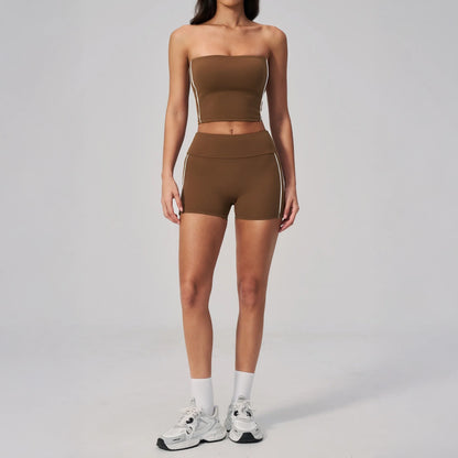 Contrast Sculpting Yoga Shorts - Chestnut Brown / Cream - chestnut brown cream full styling