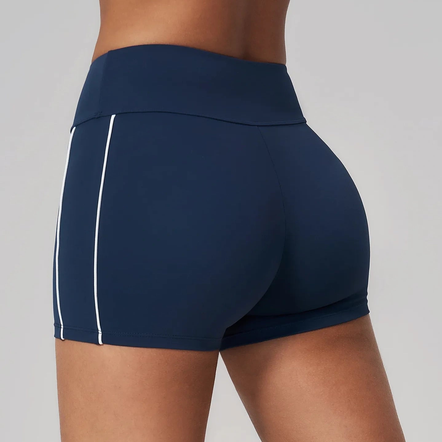 Contrast Sculpting Yoga Shorts - Navy Blue / White - navy blue white back angle