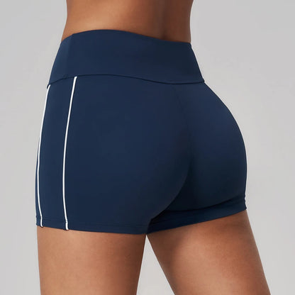 Contrast Sculpting Yoga Shorts - Navy Blue / White - navy blue white back angle