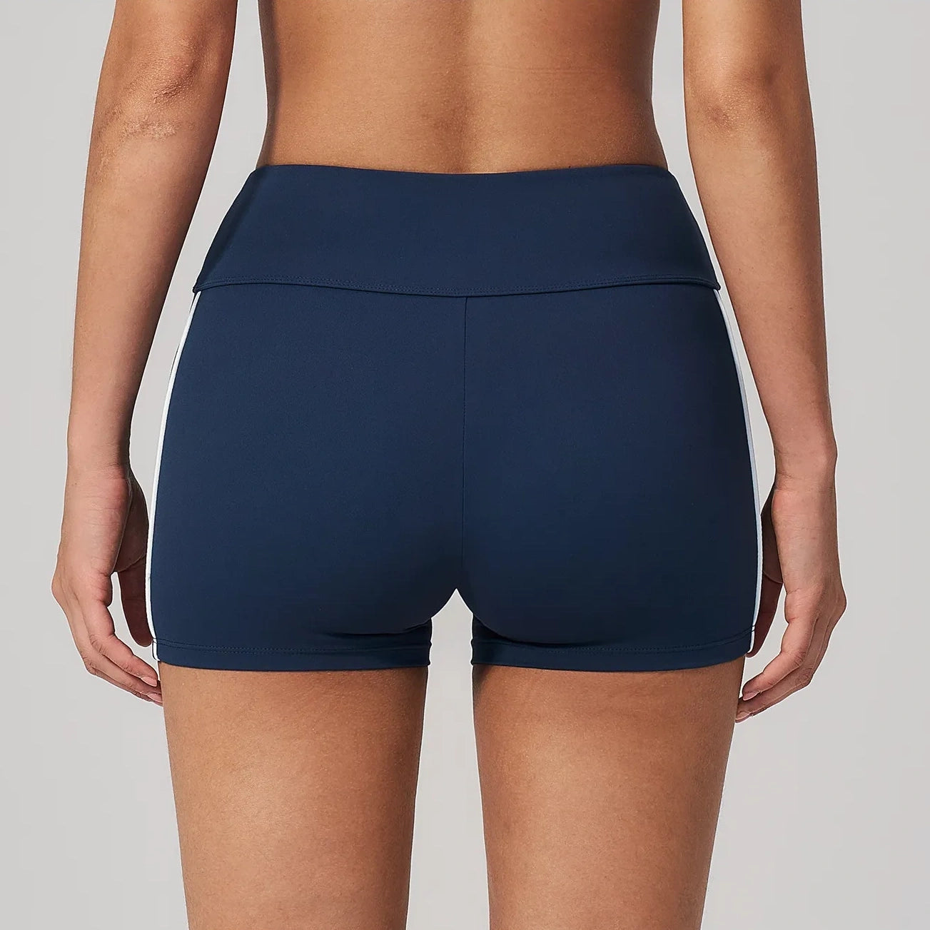 Contrast Sculpting Yoga Shorts - Navy Blue / White - navy blue white back view