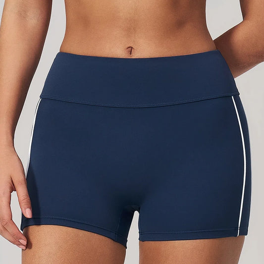 Contrast Sculpting Yoga Shorts - Navy Blue / White - navy blue white front closeup