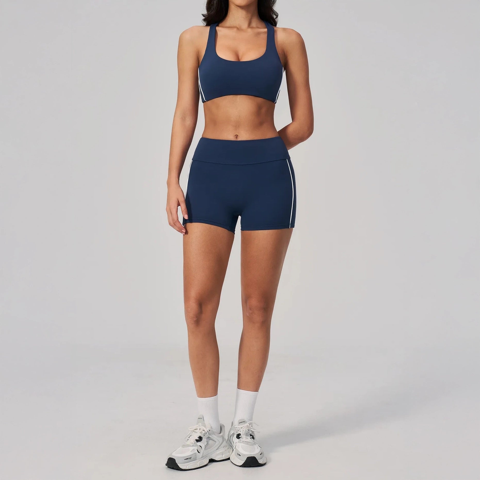 Contrast Sculpting Yoga Shorts - Navy Blue / White - navy blue white full styling