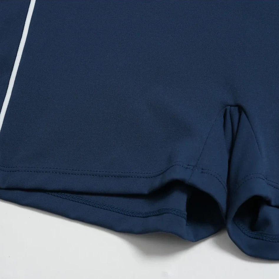 Contrast Sculpting Yoga Shorts - Navy Blue / White - navy blue white hem detail flat