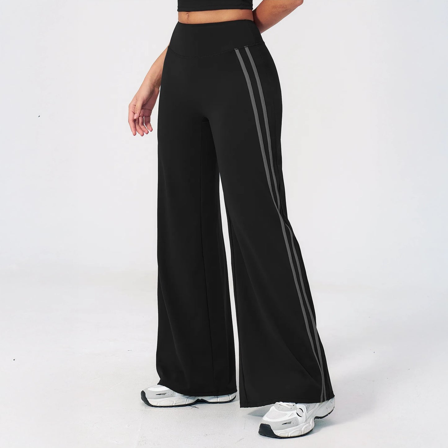 Contrast Side-Stripe Yoga Flare Pants - Black - black angled leg view