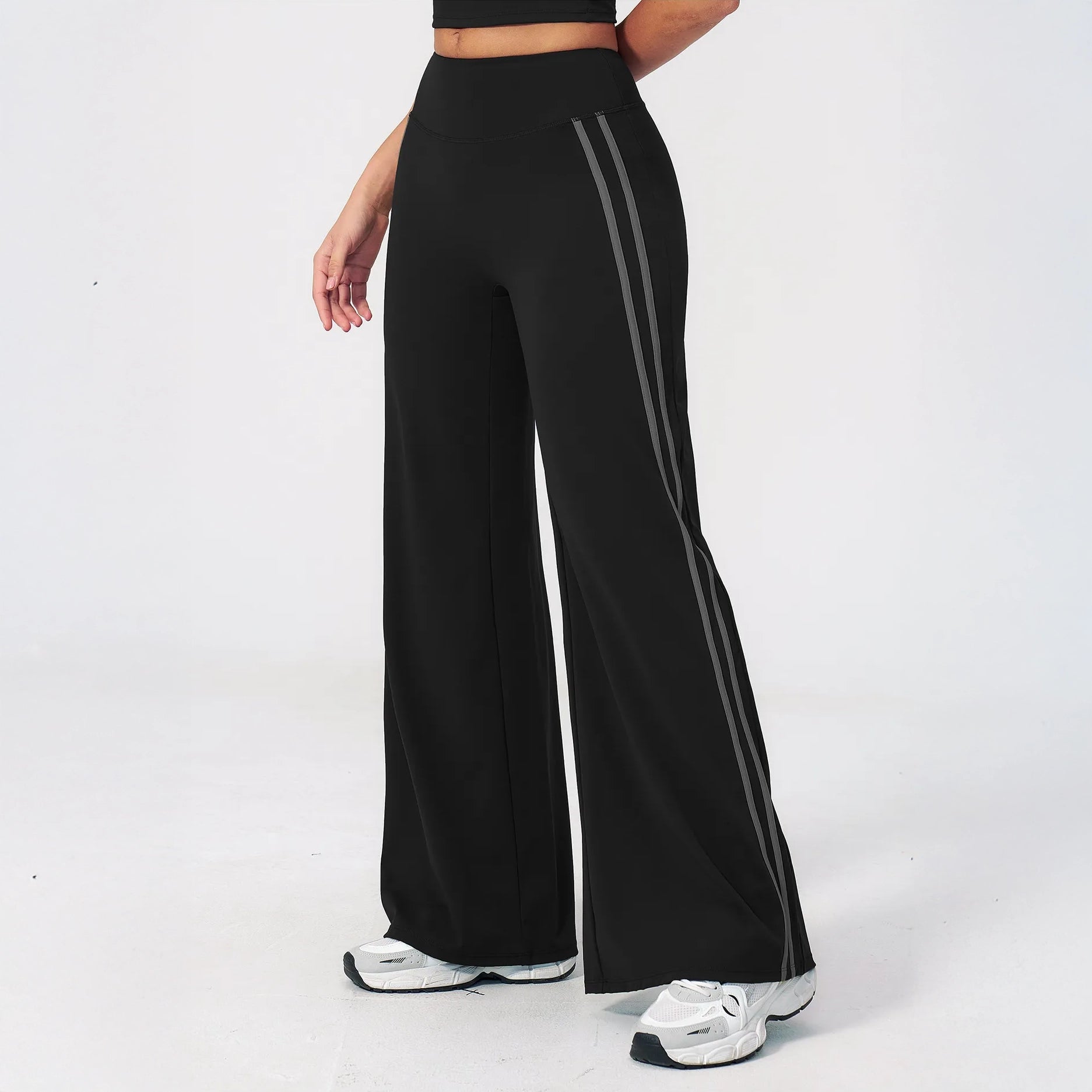 Contrast Side-Stripe Yoga Flare Pants - Black - black angled leg view