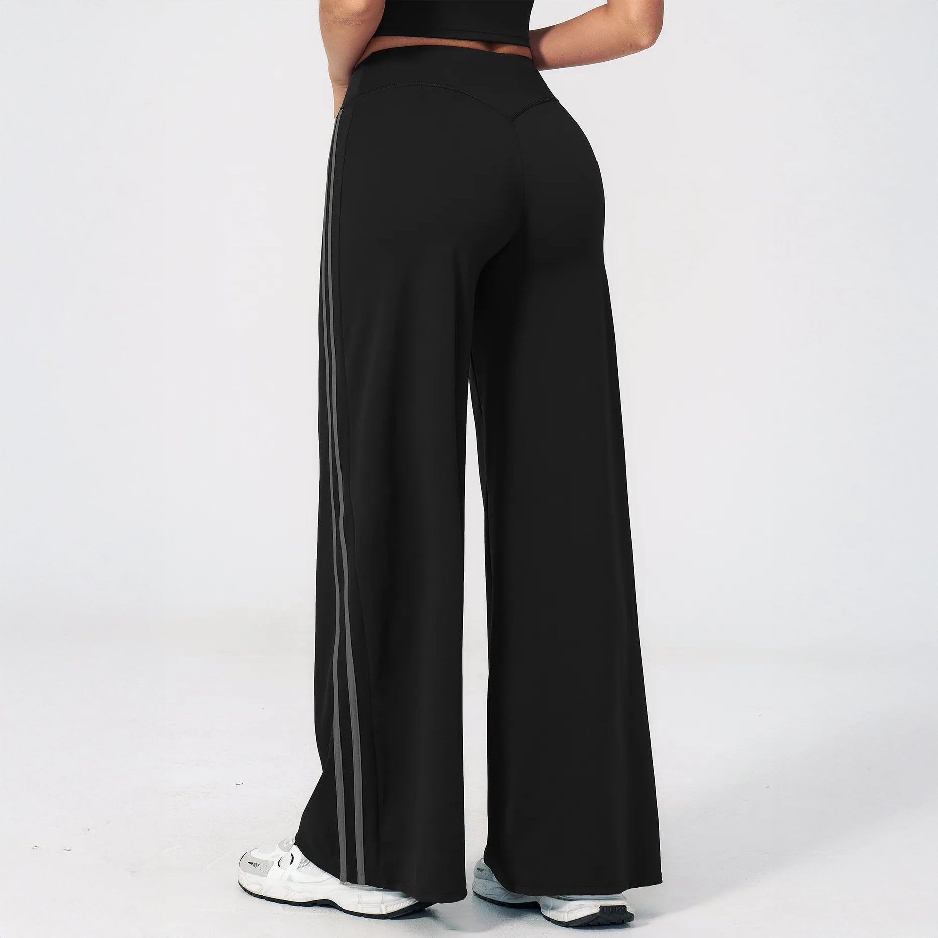 Contrast Side-Stripe Yoga Flare Pants - Black - black back view